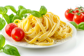 linguini pasta on plate with tomatoes and basil isolated on a white background