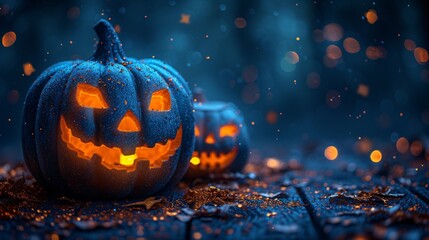 Pumpkin Spice Season A Blue Pumpkin's Glowing Eyes Generative AI