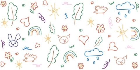 Afwasbaar Fotobehang Eenhoorns Childish scribble isolated white background. Seamless pattern with hand drawing rainbow tree flower animal. Hand drawn doodle child element collection. Vector illustration. EPS 10 Editable stroke.