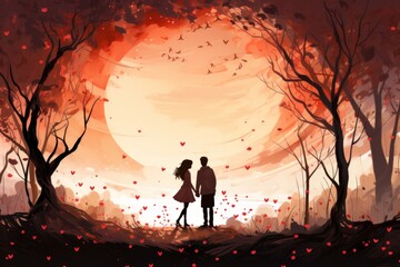sunlit park romance. hand-drawn couple in love surrounded by hearts and nature