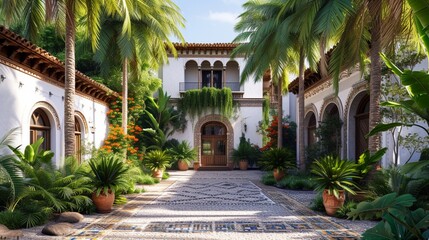  A Spanish hacienda with whitewashed walls and vibrant tile accents.. - obrazy, fototapety, plakaty
