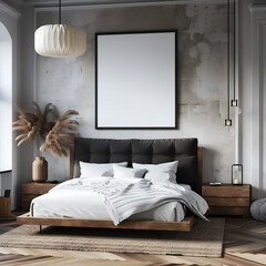 Bedroom interior with a frame mockup on the wall.