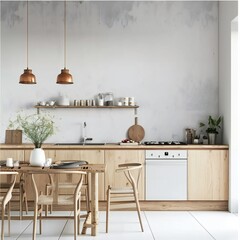 Scandinavian style kitchen with grey wall