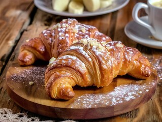 Martin croissants with a cup of coffee on the wooden table.