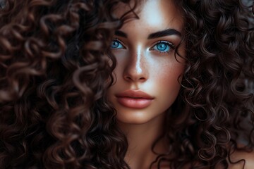 Fototapeta premium Portrait of a beautiful brunette woman with luxurious long hair isolated on beige background