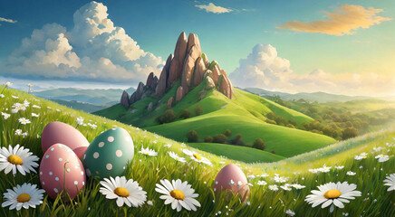 Easter background and Colorful eggs and flower field in hill with green fields and colorful flower on a bright Day