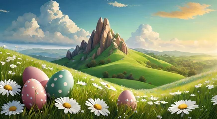 Fotobehang Easter background and Colorful eggs and flower field in hill with green fields and colorful flower on a bright Day © Sunisadonphimai