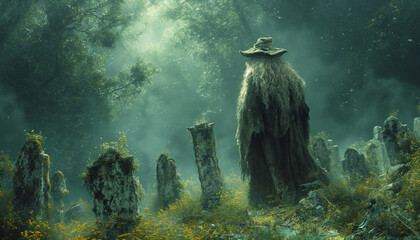 Druid in a Long, Dirty Robe and Hat on an Abandoned Celtic Cemetery with Yellow Flowers