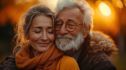 Portrait of senior couple spending time together in the park at sunset. Generative Ai. 