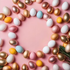 Easter concept. Top view photo of easter bunny ears and paws on white circle white and golden eggs on isolated pastel pink background with blank space,
