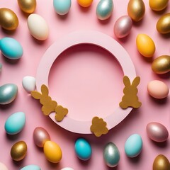 Easter concept. Top view photo of easter bunny ears and paws on white circle white and golden eggs on isolated pastel pink background with blank space,