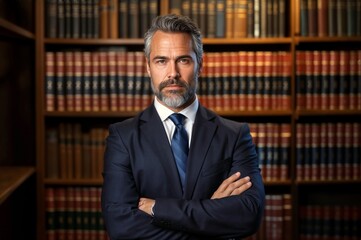 Fototapeta premium Professional Attorney Standing in Office Background, Suit, Holding Book