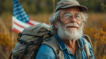 Fototapeta premium Bearded Backpacker Smiling for the Camera Generative AI