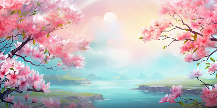 peaceful spring landscape with cherry blossoms, banner with copy space