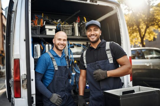 Portrait of a Team of Plumbers and Electricians Carrying Tools Outside