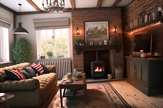 Cozy English style cottage interior with brick wall and fireplace where the fire is crackling slowly