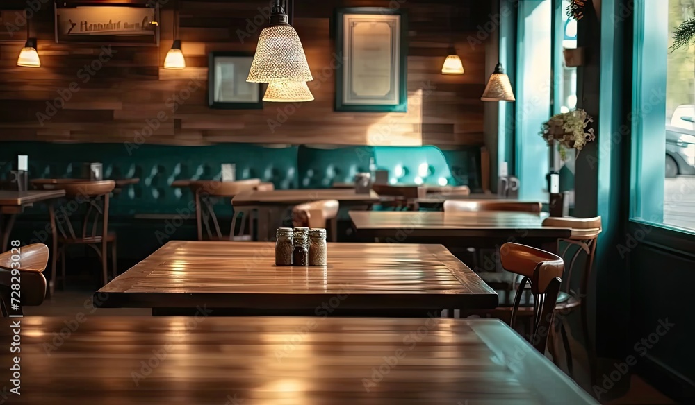 Poster empty wooden table in cafe with blurred background perfectly set for showcasing products in restaura