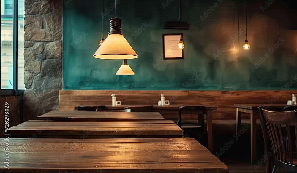 Poster empty wooden table in cafe with blurred background perfectly set for showcasing products in restaura