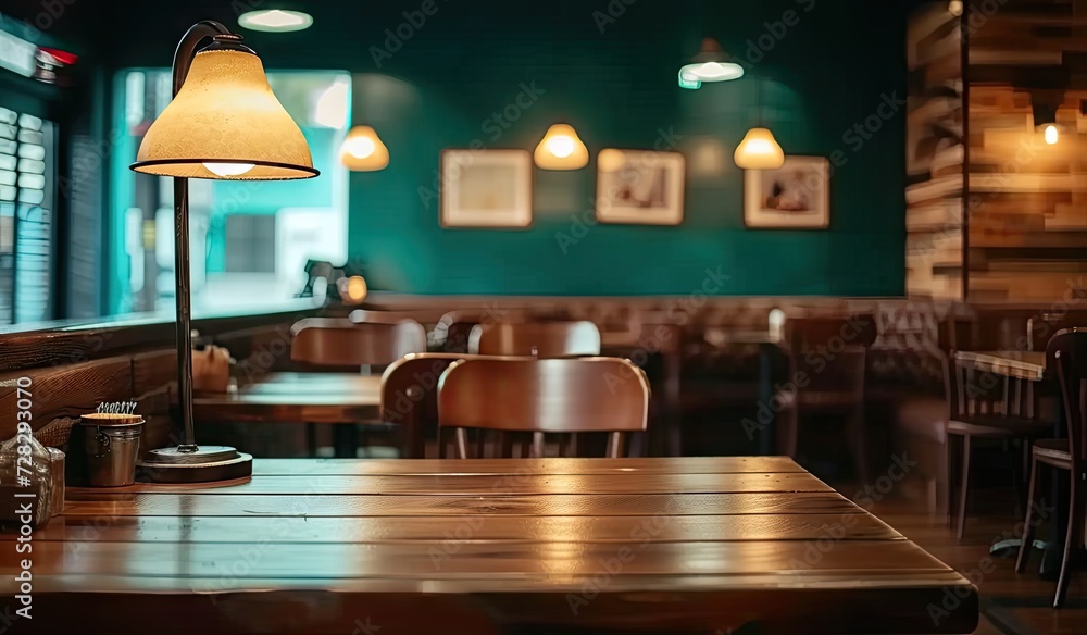 Poster empty wooden table in cafe with blurred background perfectly set for showcasing products in restaura