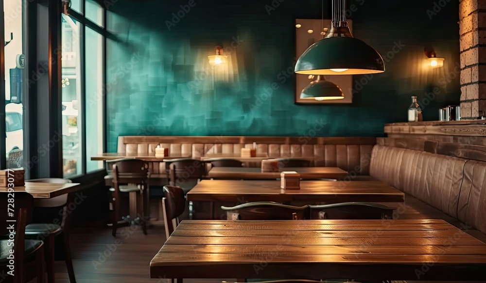 Poster empty wooden table in cafe with blurred background perfectly set for showcasing products in restaura