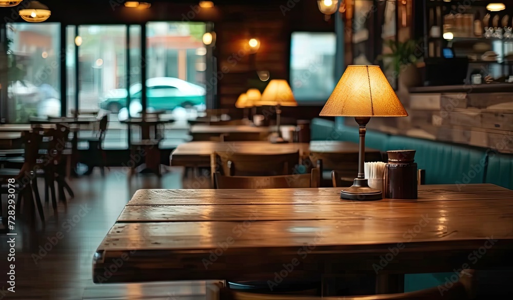 Poster empty wooden table in cafe with blurred background perfectly set for showcasing products in restaura