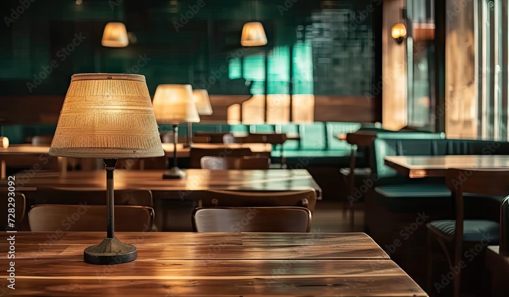 Poster empty wooden table in cafe with blurred background perfectly set for showcasing products in restaura