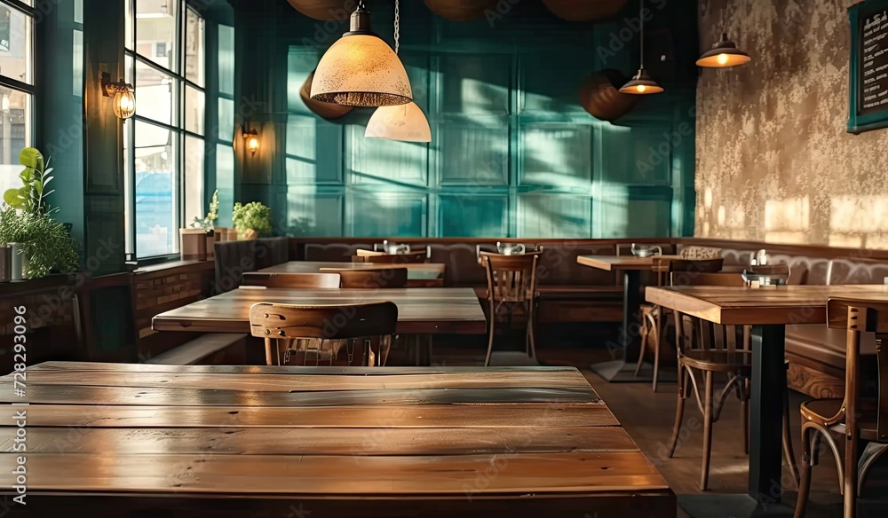 Poster empty wooden table in cafe with blurred background perfectly set for showcasing products in restaura
