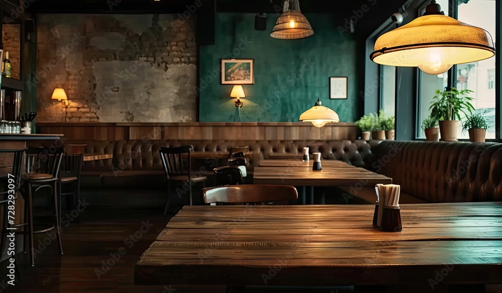 Poster empty wooden table in cafe with blurred background perfectly set for showcasing products in restaura