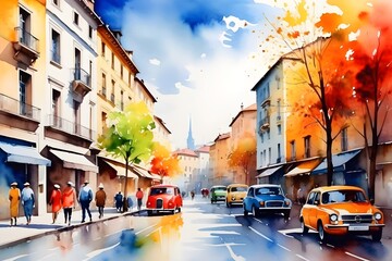 Obraz premium city street watercolor in postcard style.