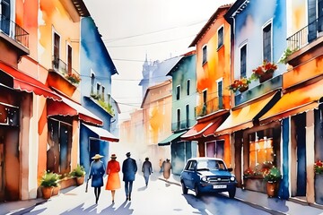 Fototapeta premium city street watercolor in postcard style.