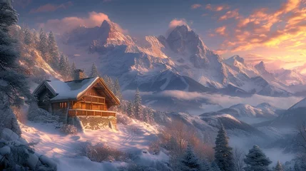 Foto op Canvas An alpine chalet nestled amidst snow-capped peaks. © AI by Yasir