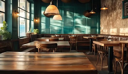 Empty wooden table in cafe with blurred background perfectly set for showcasing products in restaurant or bar environment table vintage design complements modern relaxed lifestyle of city pub - obrazy, fototapety, plakaty