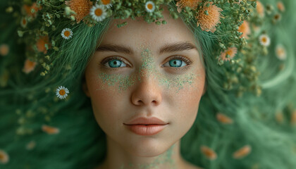 Nordic Beauty: Girl with Green Hair, Green-Blue Eyes, Portrait Adorned with Floral Elements, Rosy Complexion