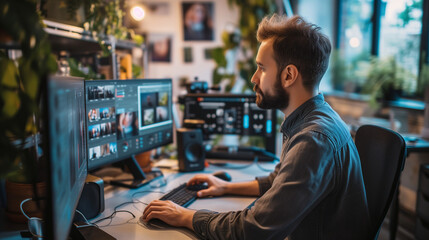 Engaged professional working on photo editing, in a bright, plant-filled creative workspace