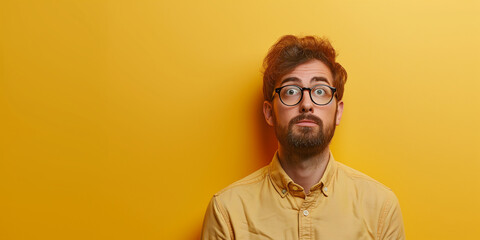 Serious young man with a neat beard, wearing a yellow tee, with a soft-focused yellow background