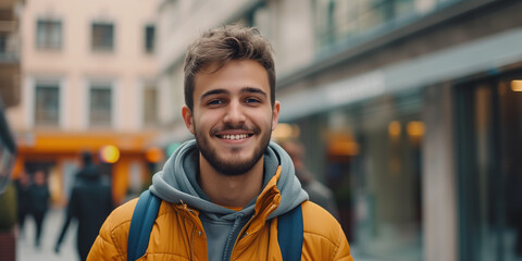 Youthful man with a bright smile, in a yellow jacket, urban setting with blurred city life