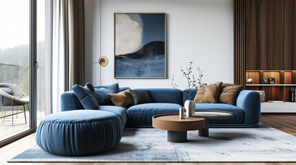 Cozy living room with blue furniture