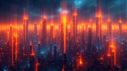 Fototapeta na wymiar Creative futuristic cyberspace cityscape with orange trails from buildings background wallpaper