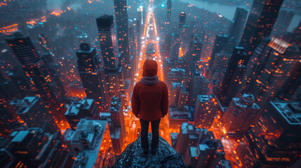 Person stand above futuristic cyberspace cityscape neon lights metropolis city wallpaper background