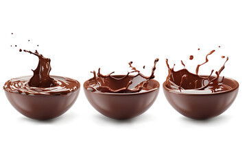set of melted chocolate bowls isolated on white background