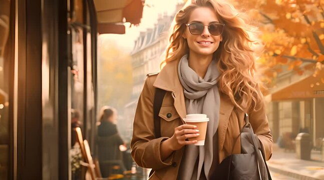 Happy woman drinking coffee on the street in fall weather in a cozy little town 