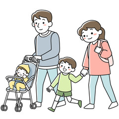 お出かけする子連れの4人家族