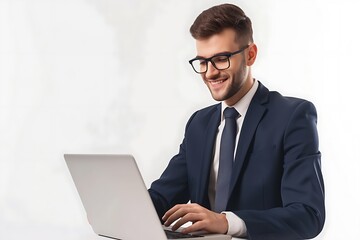 smiling young man businessman looking at laptop isolated on white background