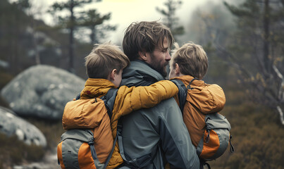 Father with his young sons outdoor. Relationship between parents and children.