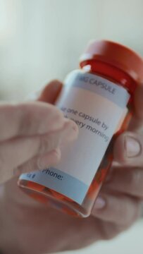 Close-up vertical shot of hands of unrecognizable male GP holding bottle with prescription medicine, pointing to instruction and gesticulating while explaining benefits and side effects to patient