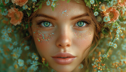 Enchanted Maiden: Girl with Auburn Hair, Blue Eyes, Glittering Cheeks, Adorned with Leafy and Rosy-White Floral Crown, Bathed in Old Rose and Mint Green