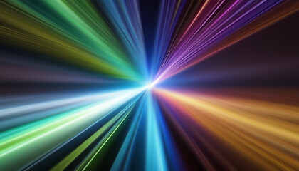 Background of rainbow-colored light moving through hyperspace. Image of multicolored streaks of light converging toward the center.