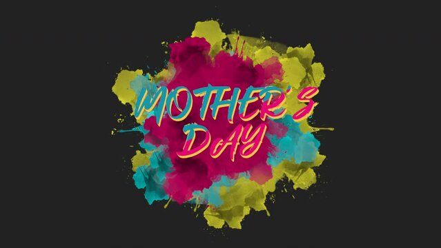 Vibrant splashes of paint on a black backdrop form the words Mother's Day in this colorful image, celebrating the special bond of motherhood