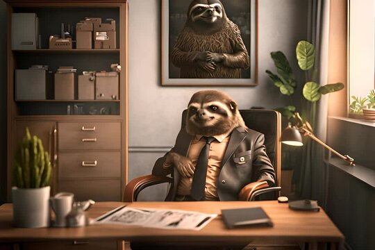 Serious anthropomorphic sloth businessman sitting in the its office and waiting for another one 