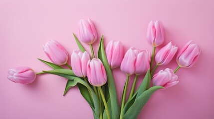 Obraz premium Pink tulips with fresh green leaves on a pink background. Beautiful background for a holiday, valentine's day, women's day. An empty space for the text.